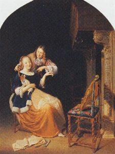 An Interior With A Seated Woman Holding A Dog And A Man Standing Next To Her Holding A Flute An Interior With A Seated Woman Holding A Dog And A Man Standing Next To Her Holding A Flute
