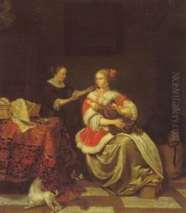 An Interior With A Woman And Her Child And Her Attendant