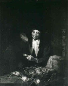 An Elderly Woman Opening Oysters At A Table An Elderly Woman Opening Oysters At A Table