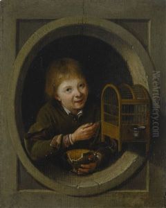 Boy In A Window With A Birdcage by Pieter Cornelisz. van SLINGELANDT
