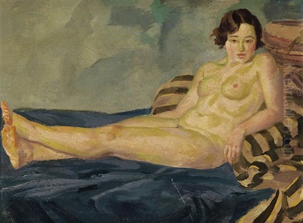 Reclining Female Nude On Blue And Striped Blankets - view 1