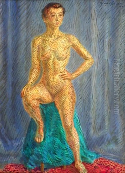 Nude, Green Drape, High Stool - view 1