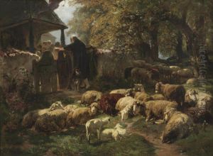 A Shepherd With His Sheep And Lambs Leaning Over A Fence Watching Villagers Attending Mass by Anton Braith