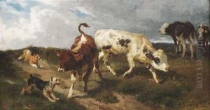 Two Little Calfs Withdogs. by Anton Braith