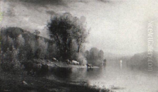 Fall River Landscape With Cows Watering By A River With A Sailboat - view 1