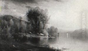 Fall River Landscape With Cows Watering By A River With A Sailboat by Junius R. Sloan