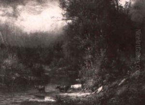 Cattle Grazing At An Autumn Pond by Junius R. Sloan