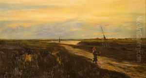 Landscape With Figure Carrying A Basket And Boats In The Background by Marianna Sloan