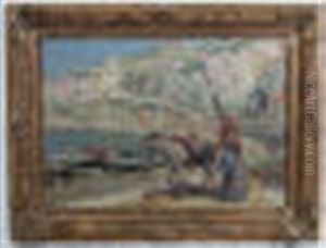 A Woman With Donkey In A Mediterranean Port by Olga Slom
