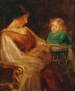 Interior With Girl In Green Dress Watching Mother With Baby by Agnes Slott-Mrller