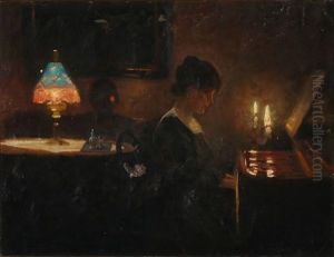 Interior With A Woman At The Piano by Harald Slott-Moller