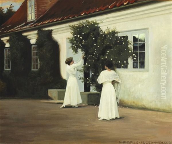 Two Young Girls In Long White Dresses Picking Roses In The Garden - view 1