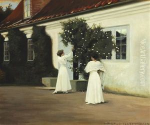 Two Young Girls In Long White Dresses Picking Roses In The Garden Two Young Girls In Long White Dresses Picking Roses In The Garden