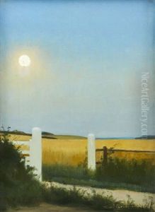 A White Gate By A Field At Full Moon by Harald Slott-Moller