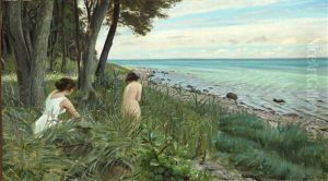 Two Bathing Girls At The Beach On Als by Harald Slott-Moller