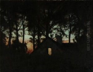 Dusky View With A House, Light Coming From An Open Window by Harald Slott-Moller