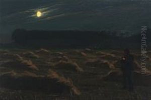 Moonlight Scenery With A Peasant Assessing The Harvest by Harald Slott-Moller