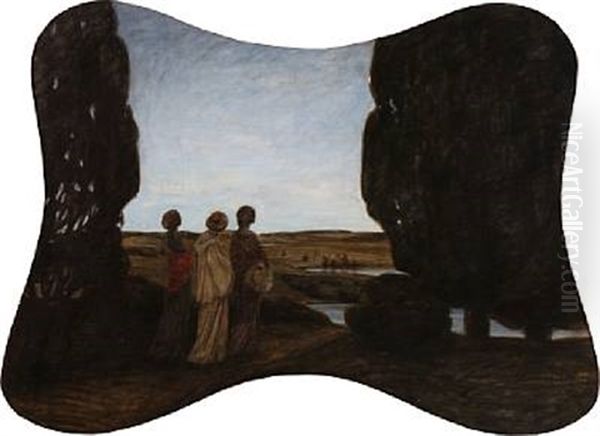 Three Women Looking Out Over A Landscape, Evening - view 1