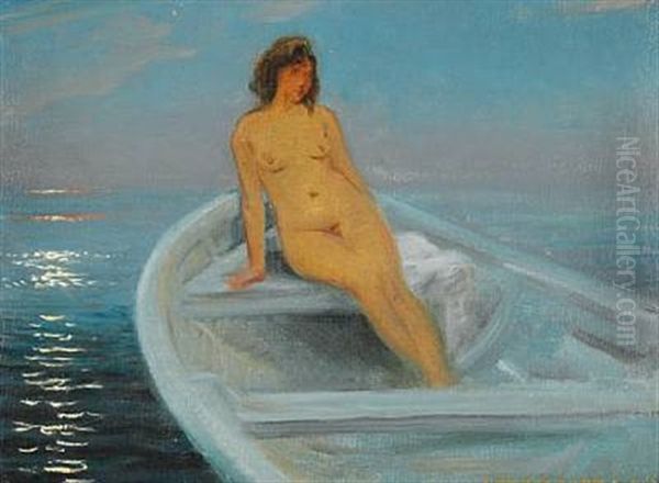 A Female Nude In A Rowboat At Sunset - view 1