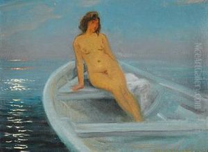 A Female Nude In A Rowboat At Sunset by Harald Slott-Moller