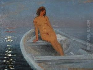 A Nude Female In A Rowboat At Sunset