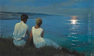 Moonlight. A Young Well Dressed Couple Watching The Moon Shining On The Surface Of The Water Moonlight. A Young Well Dressed Couple Watching The Moon Shining On The Surface Of The Water