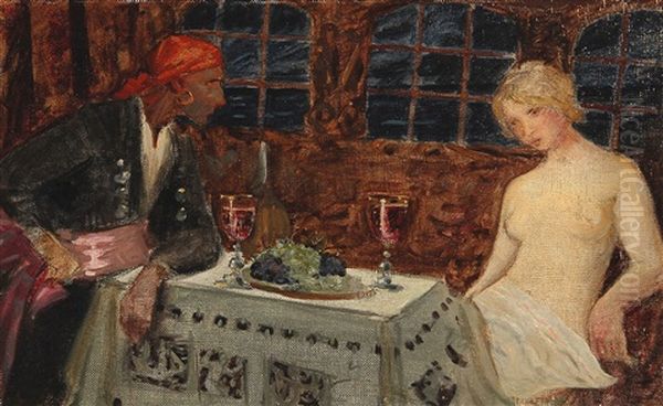 A Pirate And A Half Naked Woman On A Ship - view 1