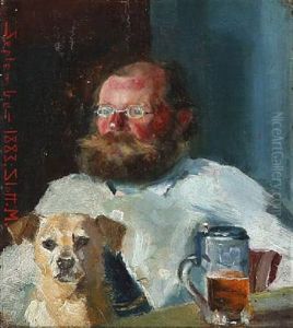 A Gentleman With A Beard Drinking Beer In Company With His Dog by Harald Slott-Moller
