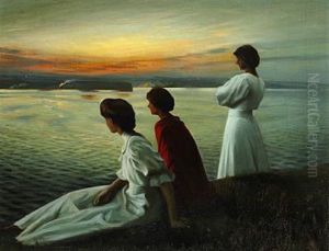 Midsummer's Eve. Three Young Women Enjoying The Bright And Gentle Evening