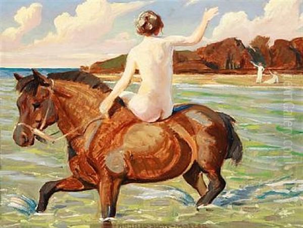 Back Of A Nude Woman On Horseback In The Shallows - view 1