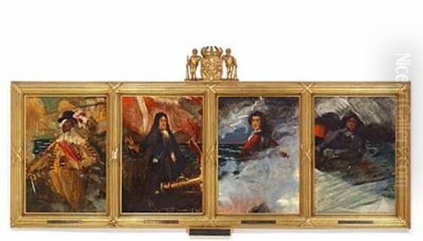 Historic Sketches With The Danish Naval Heroes Christian Iv, Niels Juel, Tordenskjold (peder Wessel) And A Danish Fisherman (4 Works In 1 Frame) - view 1