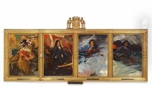 Historic Sketches With The Danish Naval Heroes Christian Iv, Niels Juel, Tordenskjold (peder Wessel) And A Danish Fisherman (4 Works In 1 Frame) by Harald Slott-Moller