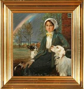 Under The Rainbow. A Young Woman With Her Dogs
