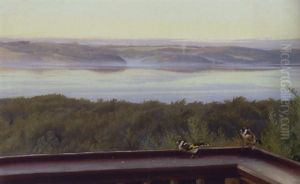 To Mejser Pa Terrassen Ved Munkebjerg, Diset Morgenudsigt Over Vejle Fjord