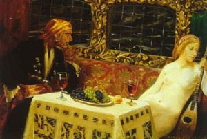 Interior Fra Kahyt Med Somand Og Nogen Kvinde, Siddende Omkring Et Bord Med Frugt Og Vin Interior Fra Kahyt Med Somand Og Nogen Kvinde, Siddende Omkring Et Bord Med Frugt Og Vin