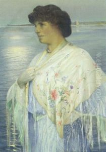 Portraet Af Kunstnerens Hustru Agnes Slott-moller I Blomstret Shawl Ved Vandet by Harald Slott-Moller