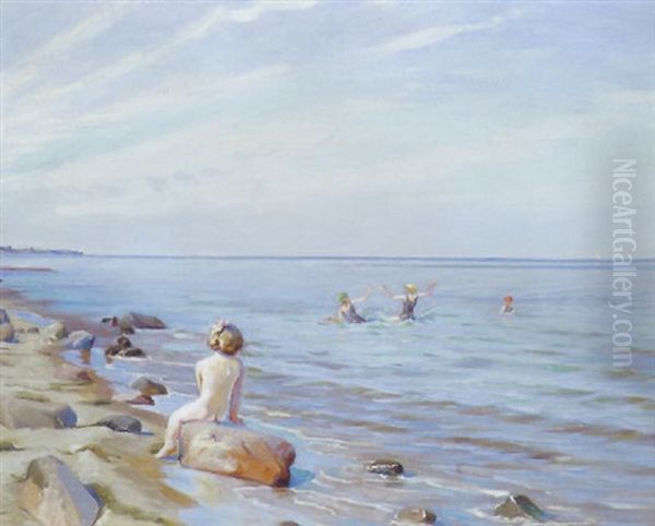 Strandparti Med Lille Pige Pa En Sten Og Badende Born - view 1