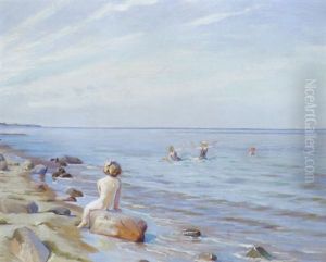 Strandparti Med Lille Pige Pa En Sten Og Badende Born