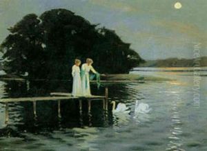 To Unge Hvidklaedte Piger Pa En Bro Ved En So Med Svaner, Maneskin by Harald Slott-Moller