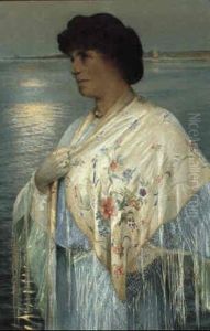 Portraet Af Agnes Slott-m+ller I Blomstret Shawl Ved Vandet by Harald Slott-Moller