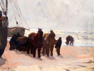 Vissers Met Sleperspaarden En Boten Op Het Katwijkse Strand Vissers Met Sleperspaarden En Boten Op Het Katwijkse Strand