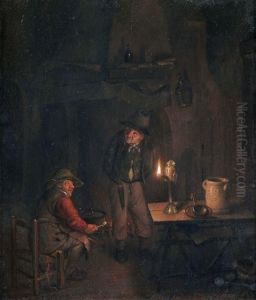 Kucheninterieur Mit Zwei Bauern Bei Lampenschein by Richard Brakenburgh