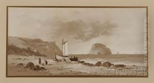 Fishing Boat And Figures On The Beach by Clarence E. Braley