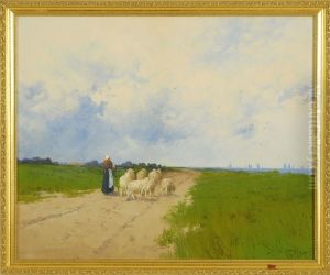 Shepherdess And Sheep On A Country Road by Clarence E. Braley