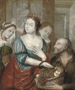 Cleopatra Receiving The Asp From A Basket Of Fruit, With Her Attendants Iras And Charmion by Jacob van der Sluis