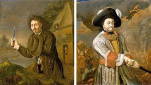 Portrait Of An Officer, Three-quarter Length, Holding An Epee (+ Portrait Of A Man, Three-quarter Length, Brandishing A Knife; Pair) by Jacob van der Sluis