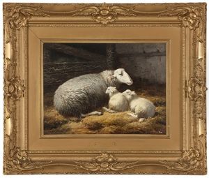 Ewe And Two Lambs In A Barn by Theo van Sluys