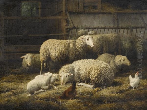 A Barn Interior With Sheep And Chickens - view 1