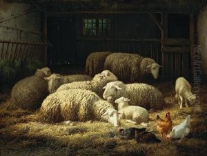 Ewes, Lambs And Chickens In A Barn by Theo van Sluys
