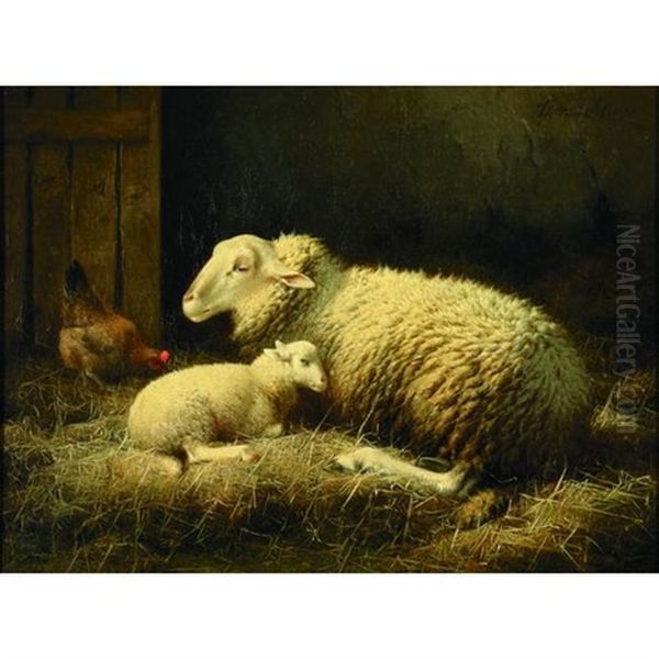 A Stable Interior With A Ewe, Lamb And A Chicken - view 1